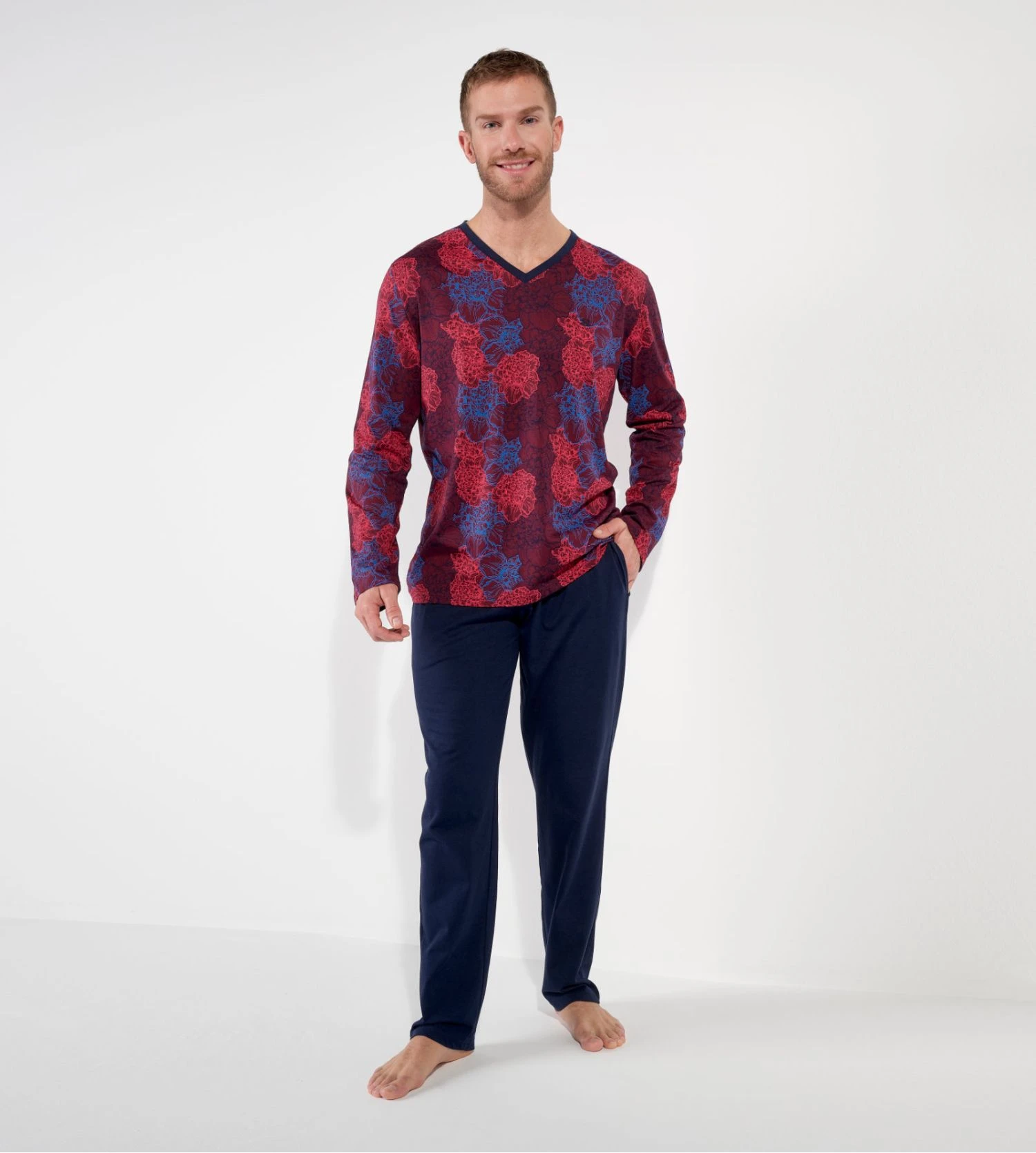 Ensemble de pyjama long pour homme imprimé Bouquet bordeaux Ensemble De Pyjama Long Pour Homme Imprimé Bouquet Bordeaux -Lingerie Sipp Boutique bouquet pyjama bordeaux et bleu coton homme 3