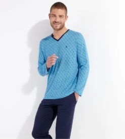 Hom Pyjama Long En Coton CAMERON Blue Print -Lingerie Sipp Boutique cameron pyj long v iobi blue print bleu 2