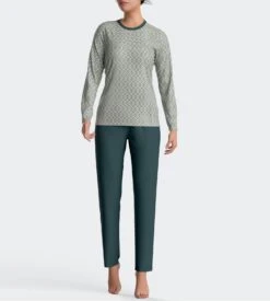 Pyjama Femme Manches Longues Vert / Beige