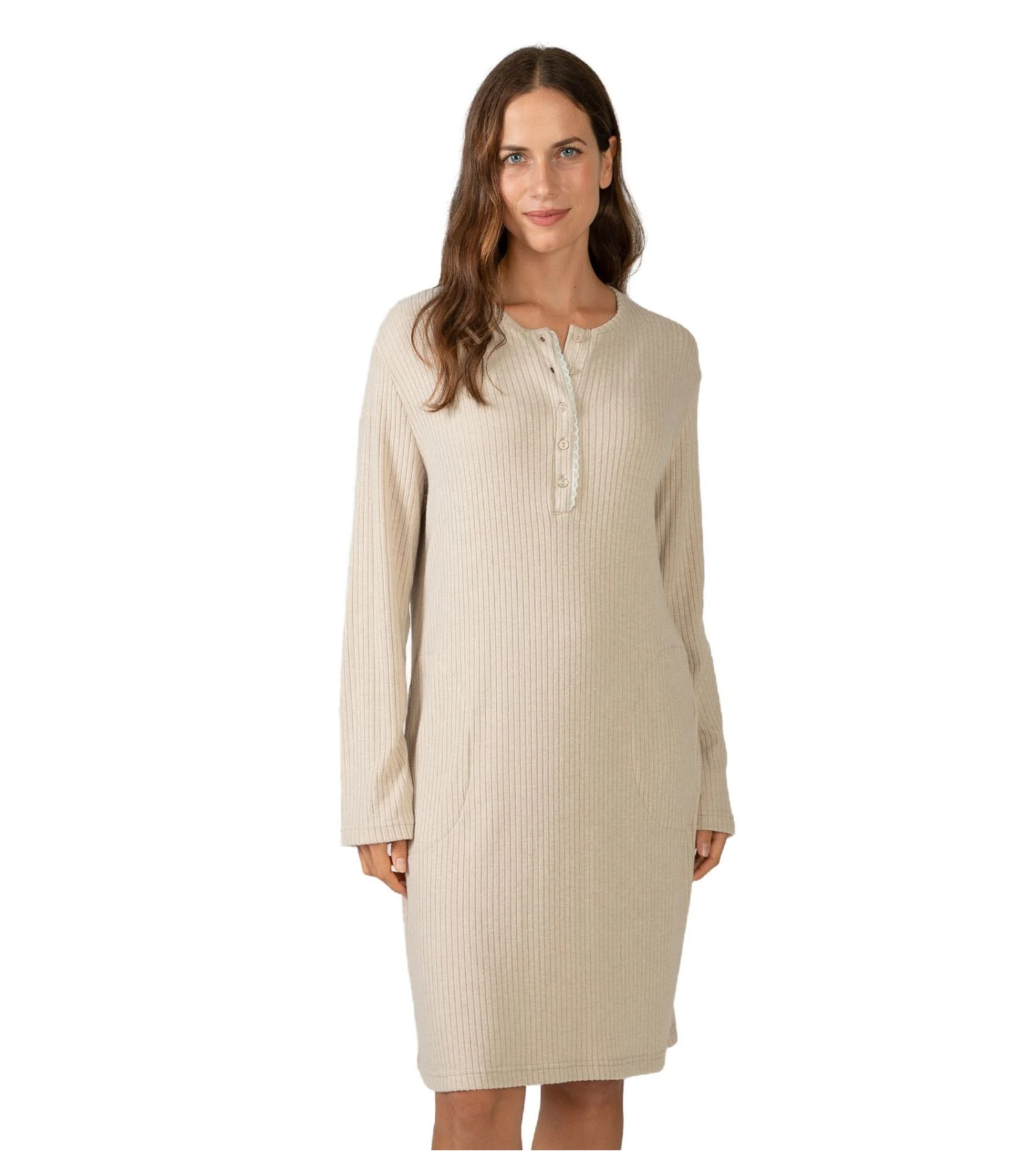 Liquette longue en viscose côtelée beige avec poches Liquette Longue En Viscose Côtelée Beige Avec Poches -Lingerie Sipp Boutique liquette femme beige fonce 1