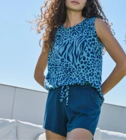 Pyjama Court Sans Manches Pour Femme Couleur D'huile Bleu