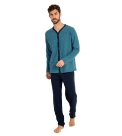 Pyjama Long Boutonné Homme Bleu Chiné -Lingerie Sipp Boutique pyj h long ent bout x52 bleu chine bleu 2