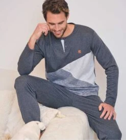 Pyjama Long Interlock Col Tunisien Pour Homme Gris Foncé