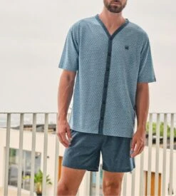 Pyjama Court Pour Homme Boutonné Bleu