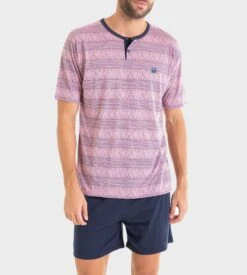Pyjama Court Homme Col Tunisien Rose