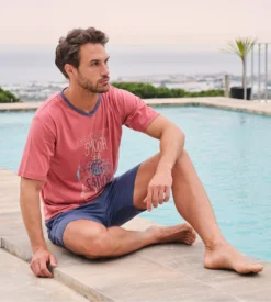 Pyjama Court Homme Col En V Rouge