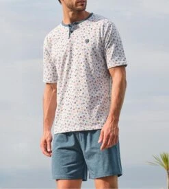 Pyjama Court Homme Gris Chiné/Bleu