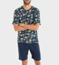 Pyjama Court Homme Imprimé Tropical Bleu