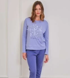 Pyjama Chaud Pour Femme Bleu Avec Haut Imprimé