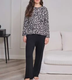 Pyjama élégant Femme En Modal Beige Et Noir