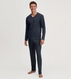 Calida Pyjama Foncé Homme Col En V 100% Coton Avec Pantalon Imprimé Relax Streamline Saphir Blue