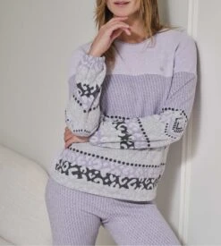 Pyjama Polaire Très Doux Pour L'hiver Motif Jacquard Lilas