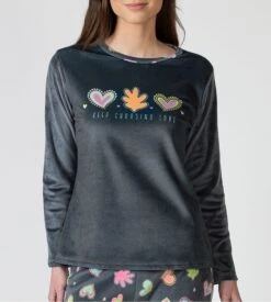 Pyjama En Velours Gris Foncé Imprimé Coeurs Colorés -Lingerie Sipp Boutique pyjama velours gris fonce motifs coeurs 2