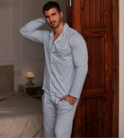 Pyjama Uni Chemise Longue Bleu Clair Homme Rafael -Lingerie Sipp Boutique rafael pyj entbout uni 3596 light blue 5