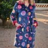 Robe De Chambre Femme En Pilou Imprimé Fruits Bleu Marine