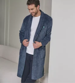 Robe De Chambre Pilou Bleu Pour Homme Avec Col Châle