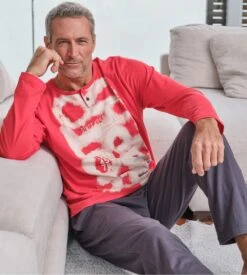 Pyjama Homme En Coton Col Tunisien Rouge -Lingerie Sipp Boutique tdh pyj h coton col tunisien rouge 5