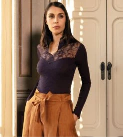 Top Manches Longues Laine, Soie Et Dentelle Mirtillo -Lingerie Sipp Boutique top laine soie dentelle oscalito mirtillo 5